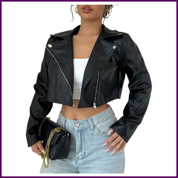 Jackets & Blazers - PU Leather Cropped Moto Jacket Zip Up Women's Faux Leather Coat